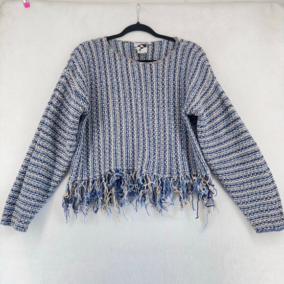 It’s Our Time Vintage Cotton Knit Sweater Fringe Hem Blue Beige Striped USA Made - Picture 2 of 6